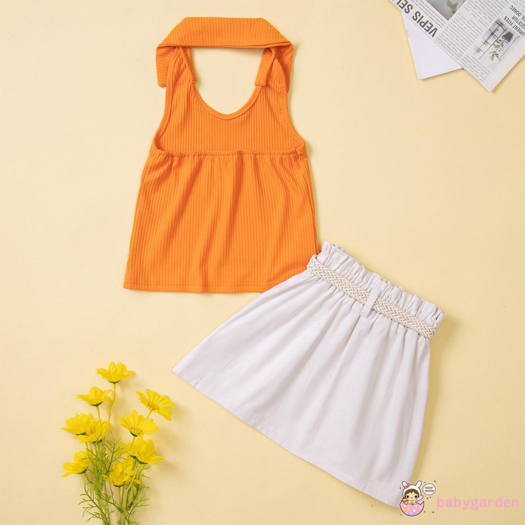 Bộ Áo Cổ Yếm + Chân Váy Màu Trơn Kèm Thắt Lưng Dễ Thương Cho Bé Gái 1-6 Tuổi