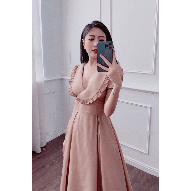 Đầm Thiết Kế Đầm Dự Tiệc Cổ Đắp Chéo Viền Bèo Tay Voan Siêu Mịn Đẹp Xuất Sắc Hanaki HNK9964 Đẹp *