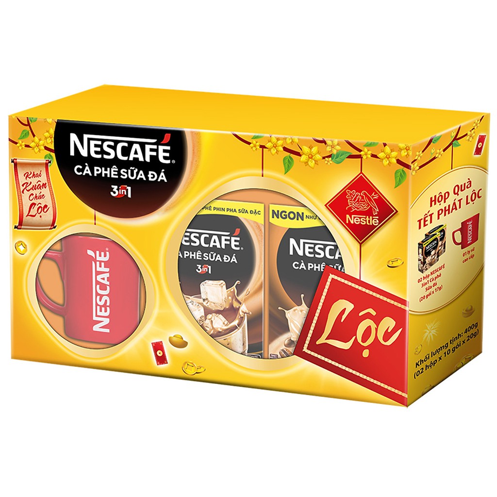 Hộp quà Tết Phát Tài:NESCAFÉ 3in1 Cà Phê Sữa Đá Với Ly Sứ Nescafe(2 hộpx10 góix20g)