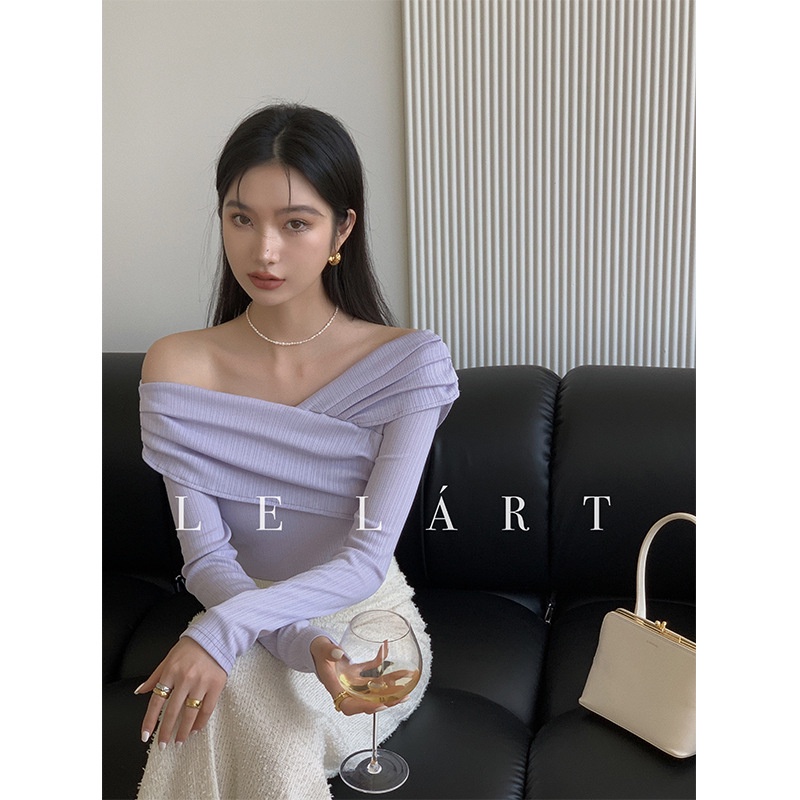 Áo thun DIDIKA tay dài trễ vai xếp ly phong cách Pháp Hàn Quốc thời trang mùa thu 2022