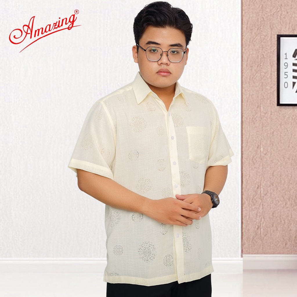 Áo sơ mi nam big size form rộng, ngắn tay, hoa văn hoạ tiết dành cho tuổi trung niên, vải xô siêu mát mẻ, hiệu Amazing