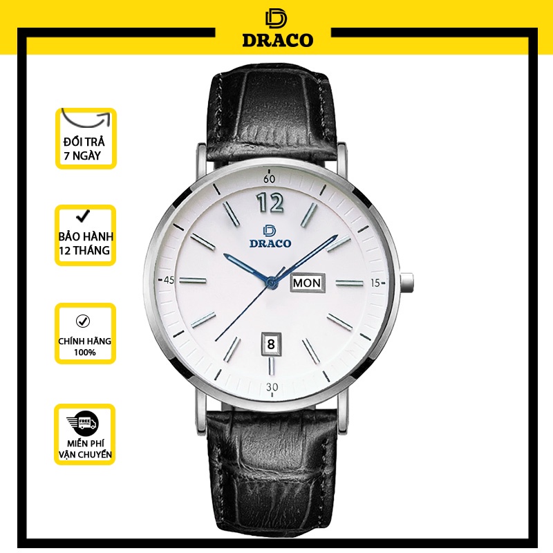 Đồng hồ nam Draco D21-ST01” The First boy” TRẮNG DÂY DA ĐEN - thời trang nam