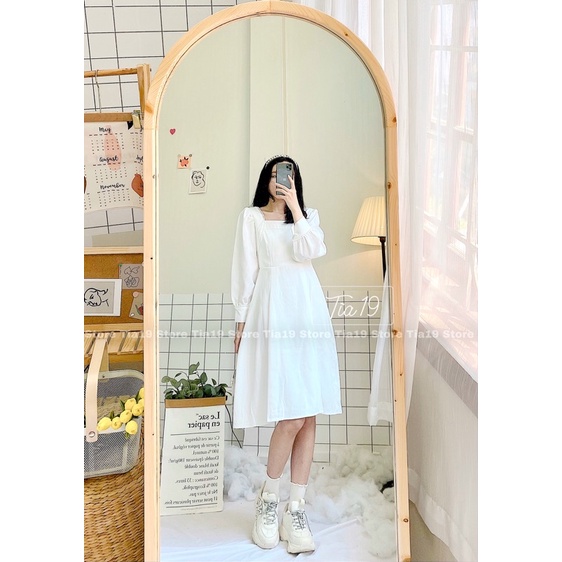 Váy trắng cổ vuông ren dài tay. Đầm trắng tiểu thư dài tay SP000007 ( Ảnh thật) | BigBuy360 - bigbuy360.vn