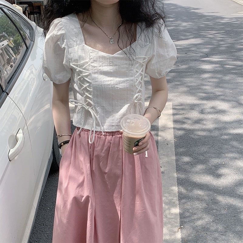 Áo Sơ Mi Trắng Cổ Vuông Tay Phồng Phong Cách Pháp Ngọt Ngào Thời Trang Mùa Hè Cho Nữ