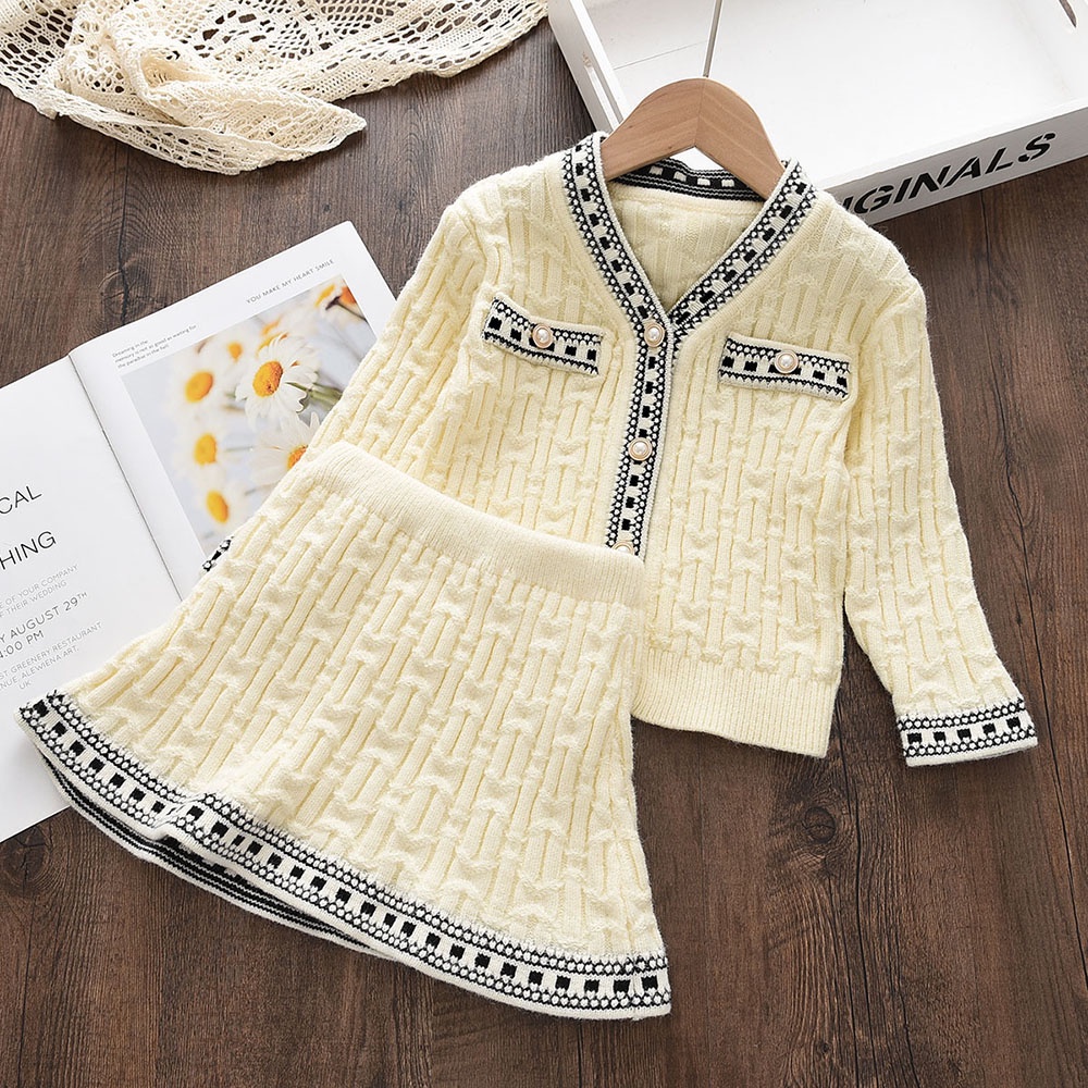Set trang phục BEAR LEADER áo cardigan tay dài chân váy ngắn len màu trơn thời trang thu đông mới cho bé gái 2-6 tuổi