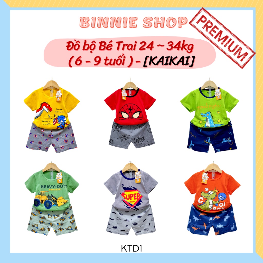Đồ bộ mùa hè cho Bé Trai 24-34kg (6-9 tuổi) Vải cotton xuất hàn Kaikai mềm, mịn, mát Đồ bộ bé trai BINNIE SHOP KTD1