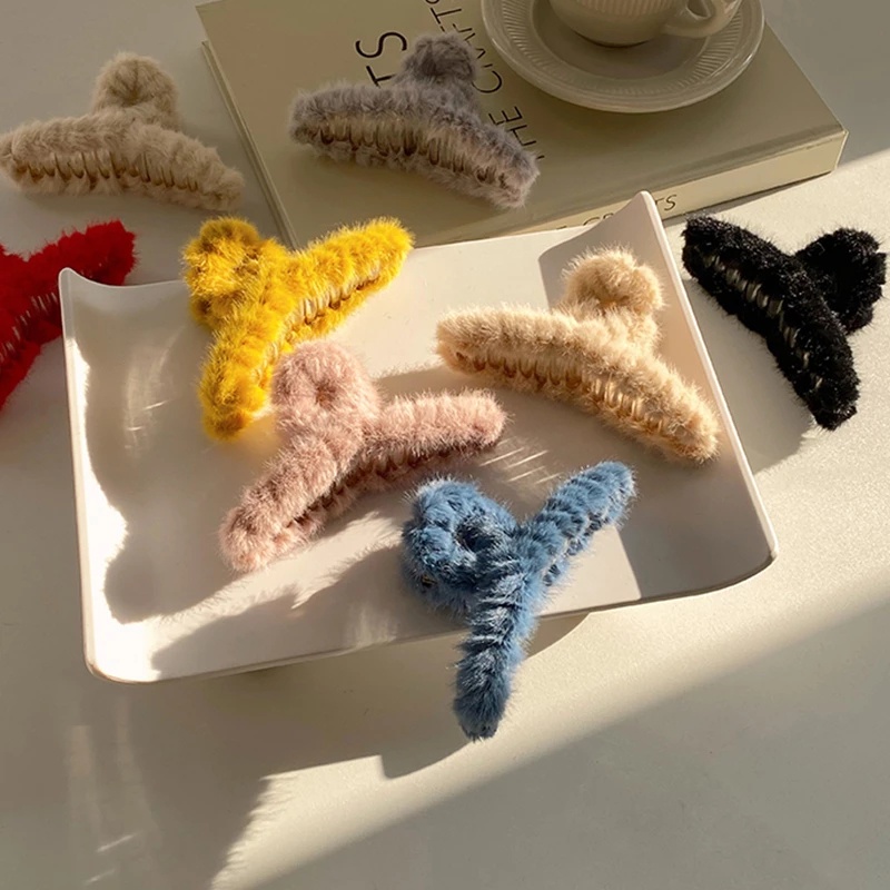 Kẹp Tóc Càng Cua Màu Kẹo Trơn / Trắng Hồng / Xám Bằng Lông Nhung Dễ Thương Xinh Xắn