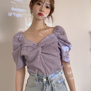 Áo kiểu nữ đẹp tay ngắn 2022, áo bánh bèo tiểu thư màu trắng, đen, tím cổ v thời trang hàn quốc công sở, du lịch
