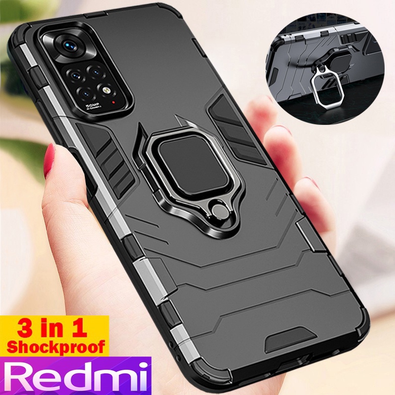 Redmi Note 11 Pro Plus Note 11S Note 10 Pro Note 10S Note 9 Pro Note 9S Redmi 10C 10A 9T 9A 9C Tất cả các mẫu Vỏ bọc điện thoại có vỏ bọc cứng chống va đập sang trọng Chân đế kim loại xoay