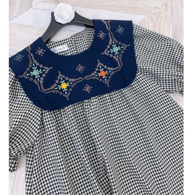 Set đồ bộ kẻ đen - Bộ đồ mặc nhà cổ phối màu xanh than siêu xinh- Set bộ dáng babydoll tiểu thư