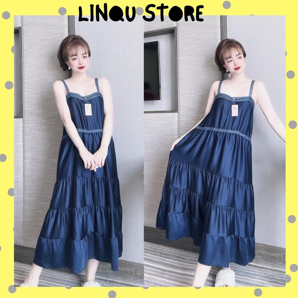 Váy ngủ sexy 2 dây maxi chất satin phối ren mềm mát mặc ngủ thoải mái Freesize - Linqustore