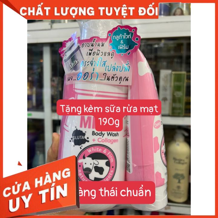 Sữa Tắm Bò GLUTA MILKY 800ML chai màu hồng Tặng Kèm Sữa Rửa Mặt THÁI LAN 190ML tắm trắng mịn da thơm Lâu(hàng chính hãng