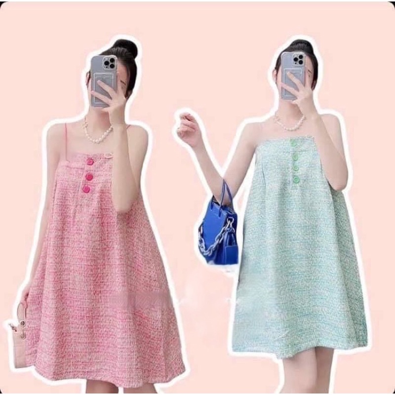 Đầm dạ suông 2 dây phối nút