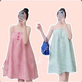 Đầm dạ suông 2 dây phối nút