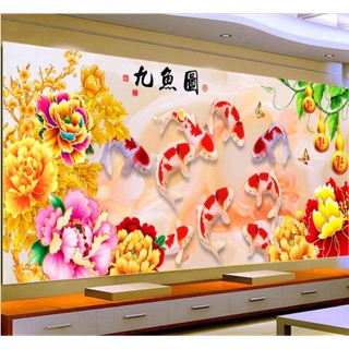 tranh thêu thành phẩm đã thêu cửu ngư 185x80cm khổ lớn