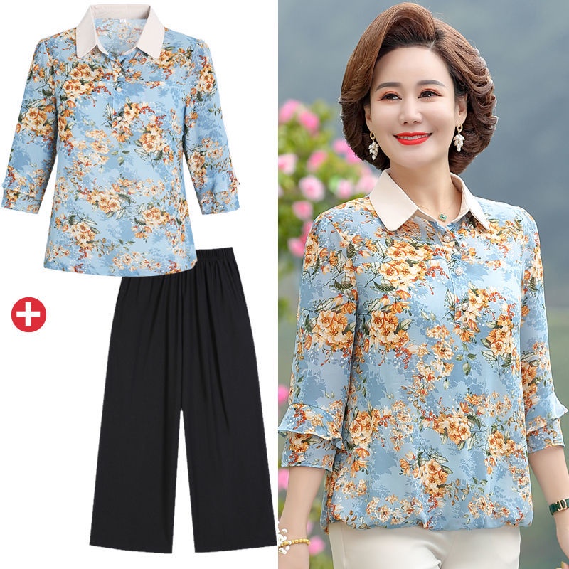 ☇▽Mẹ trung niên và người già mùa hè áo sơ mi voan phù hợp với quần trên hai mảnh phụ nữ