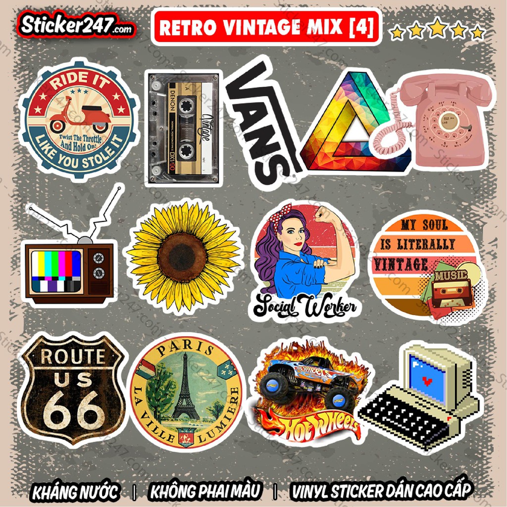 Sticker Vintage Retro 𝑭𝒓𝒆𝒆𝒔𝒉𝒊𝒑 Sticker Dán Mũ Bảo Hiểm, Dán Vali, Đàn Guitar - Hình Dán Chống Thấm Nước - Mix Chủ Đề