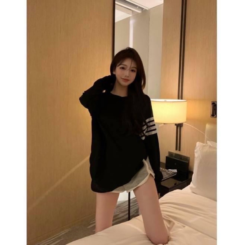 Áo thun tay dài kiểu nữ oversize form rộng sọc vằn thome browne - Order taobao quảng châu