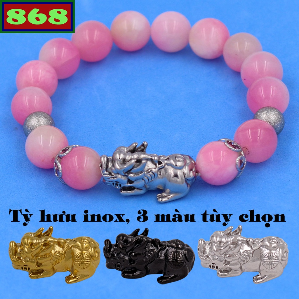 Vòng chuỗi đeo tay đá hồng charm tỳ hưu inox, bi inox, khía bông inox, từ hạt 8 ly đến 12 ly