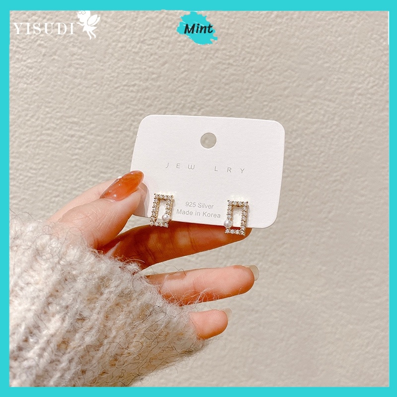 Bông Tai Nữ ❤️FREESHIP❤️ Bông Tai Hình Chữ Nhật Đính Ngọc Trai Giả - Khuyên Tai Chuôi Bạc S925
