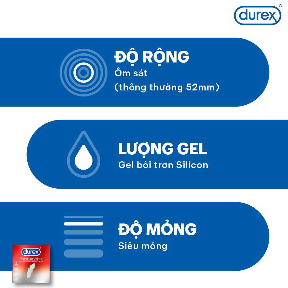 Bao cao su Durex Fetherlite Ultima siêu mỏng, size 52mm, 3 bao/hộp