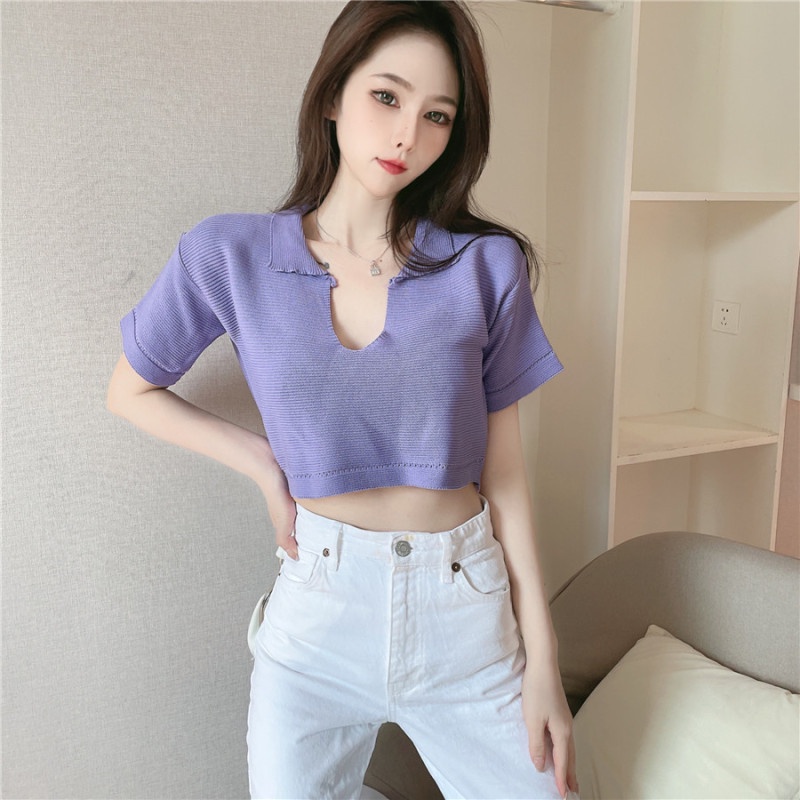 Áo Thun Dệt Kim Tay Ngắn Cổ Polo Màu Sắc Trơn Phong Cách Hàn Quốc