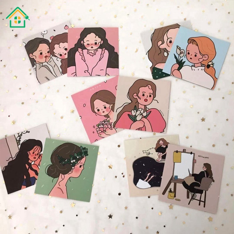 【HSU】Set 9 Thẻ Giấy Họa Tiết Hình Cô Gái Dễ Thương