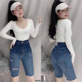 Quần jean ngố rách đùi lưng cao