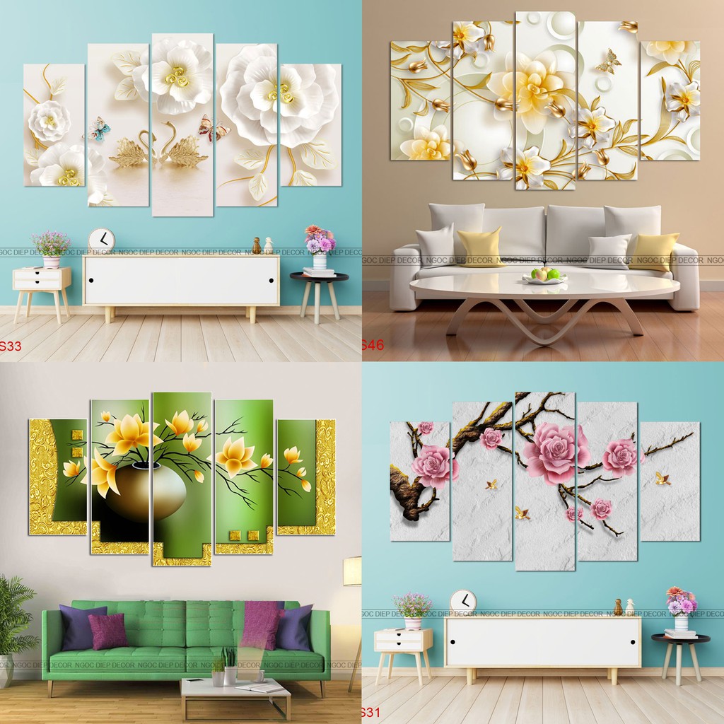 Bộ tranh 5 tấm decor phòng khách sang trọng, tranh dán tường có sẵn băng keo