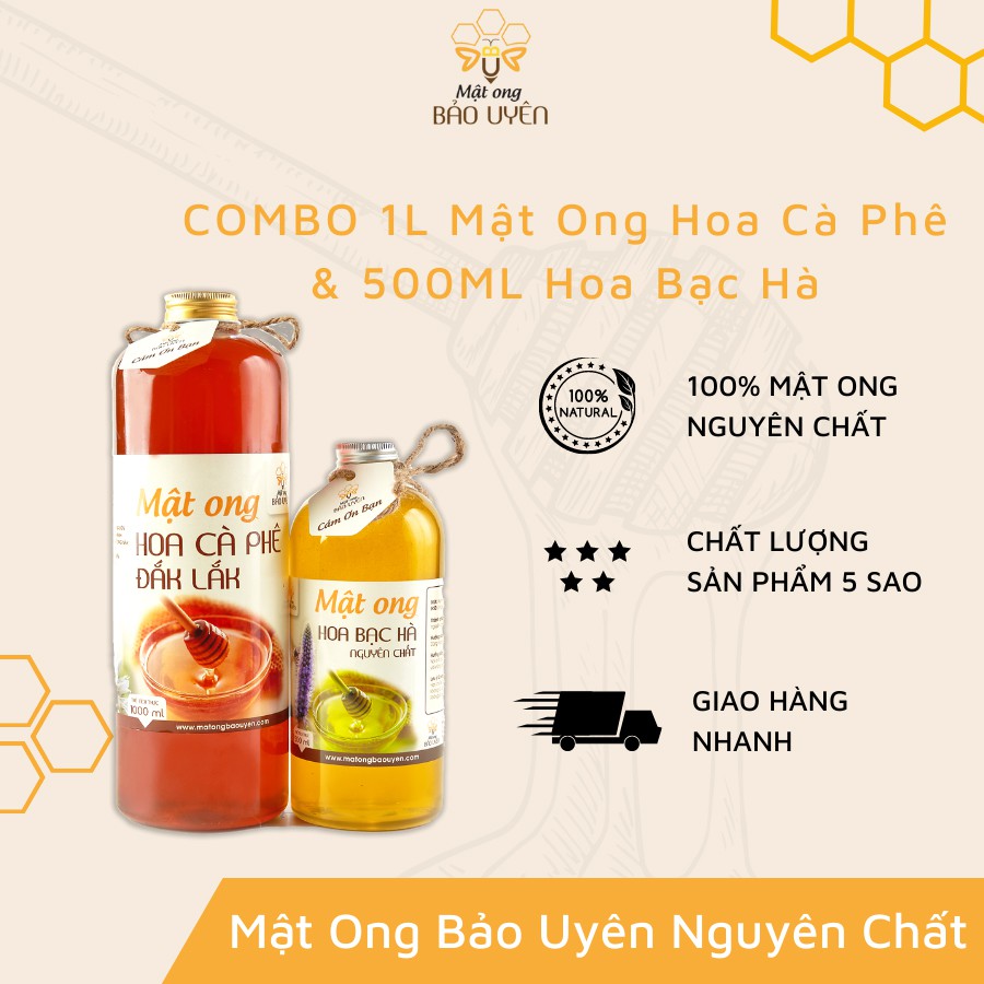 COMBO Mật Ong Nguyên Chất Tự Nhiên Bảo Uyên Gồm 2 Loại Mật Ong Hoa Cà Phê 1 Lít Và Mật Ong Hoa Bạc Hà 0.5 Lít