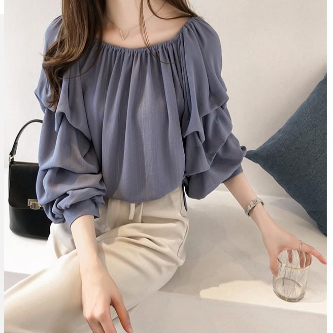 Áo chiffon công sở cổ thuyền tay dài phong cách Hàn Quốc