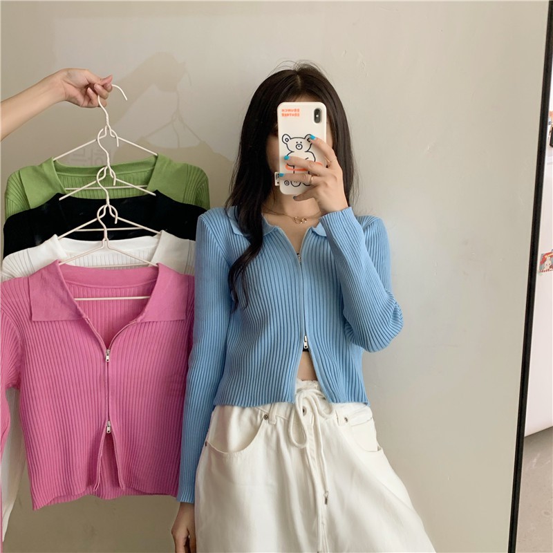 Áo croptop dệt kim dài tay cổ bẻ phối khóa kéo phong cách Hàn Quốc