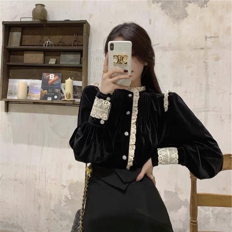 Áo Sơ Mi Nhung Khuy Ngọc Phối Viền Ren Điệu Đà✌️Ảnh Thật | BigBuy360 - bigbuy360.vn