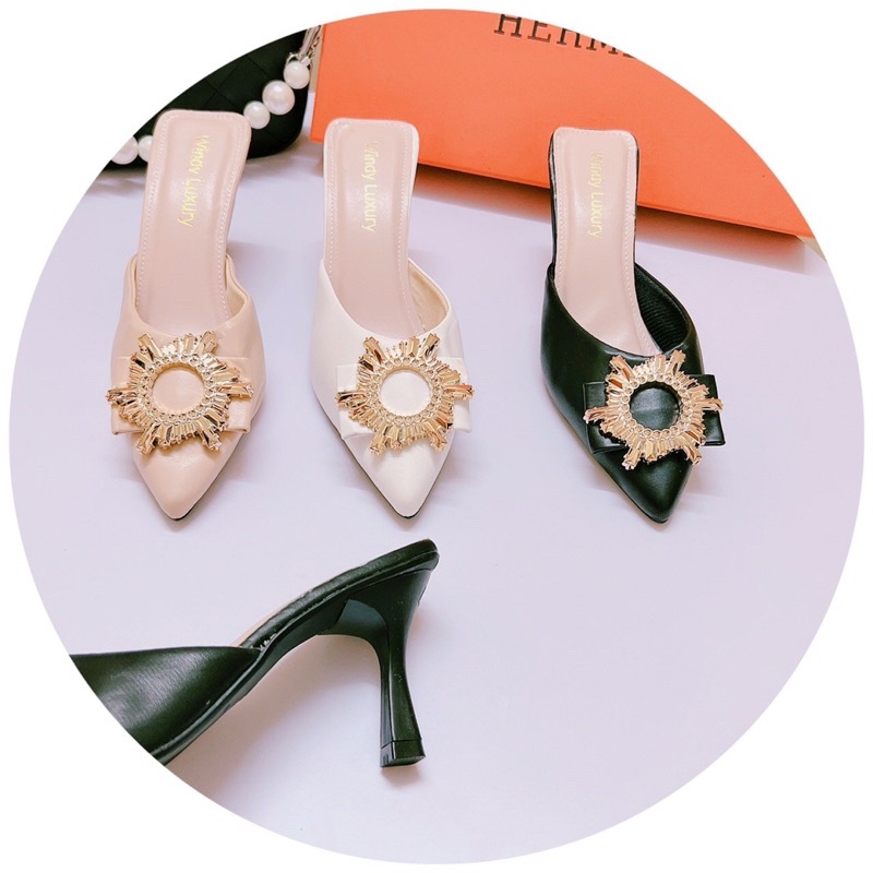 Bán Sỉ- Dép sục nữ cao gót mũi nhọn da lì hoa mặt trời gót nhọn 6cm