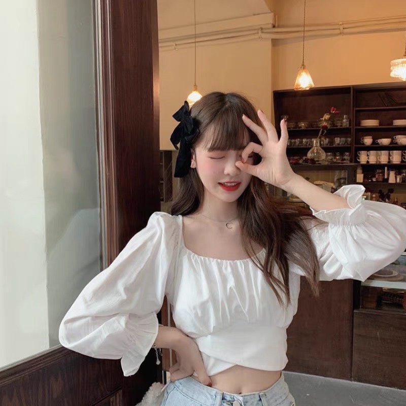 [Rẻ Vô Địch] Áo Croptop Cột Eo Tay Phồng Trễ Vai Phong Cách Ulzzang A22