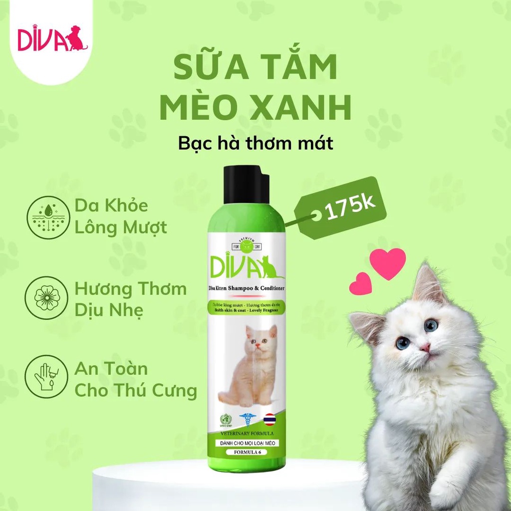Sữa tắm DIVA xanh chăm sóc lông cho mèo 260ml và 400ml