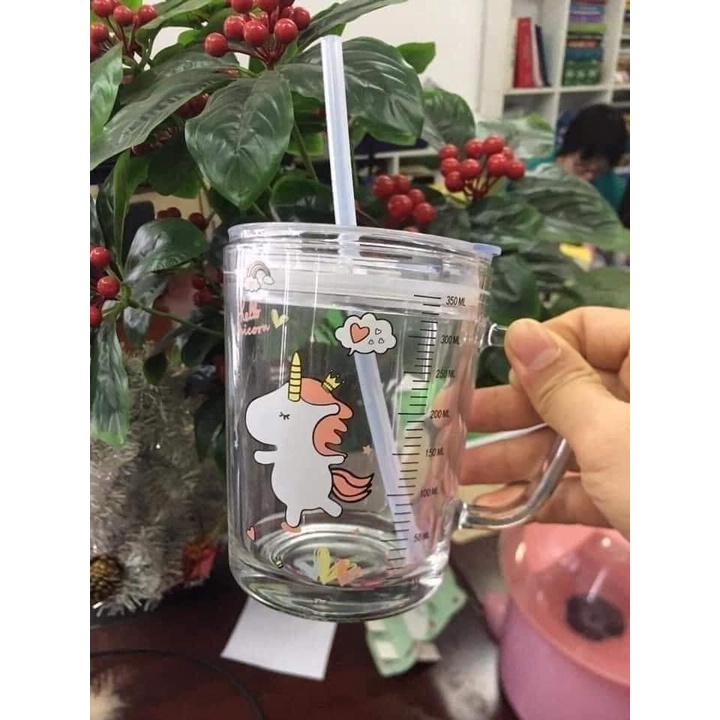 Cốc uống nước kèm ống hút có chia vạch tiện lợi (350ml) loại thủy tinh