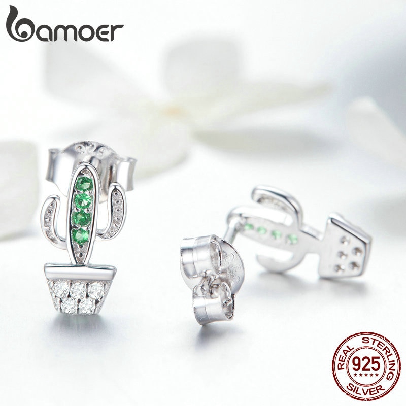 Bông tai Bamoer bạc 925 hình cây xương rồng đính đá kiểu dáng thời trang cho nữ