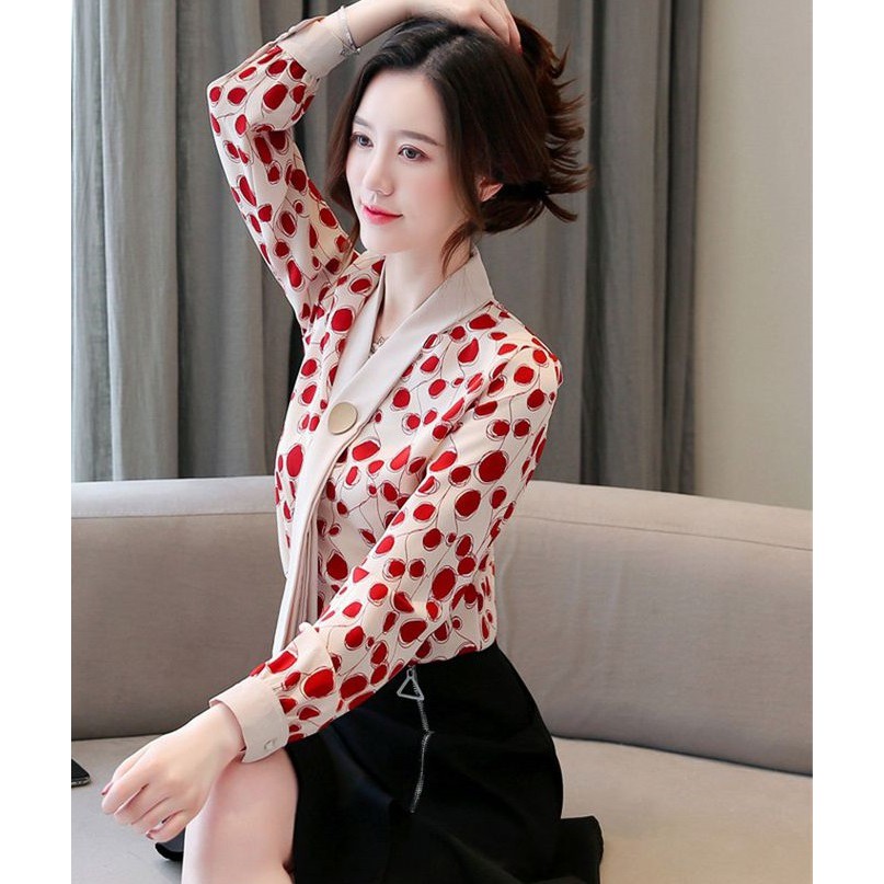 Áo sơ mi cổ nơ màu phối đỏ trắng chất liệu lụa Nhật BlyFashion SM214 thời trang công sở cao cấp Thanh lịch, sang trọng