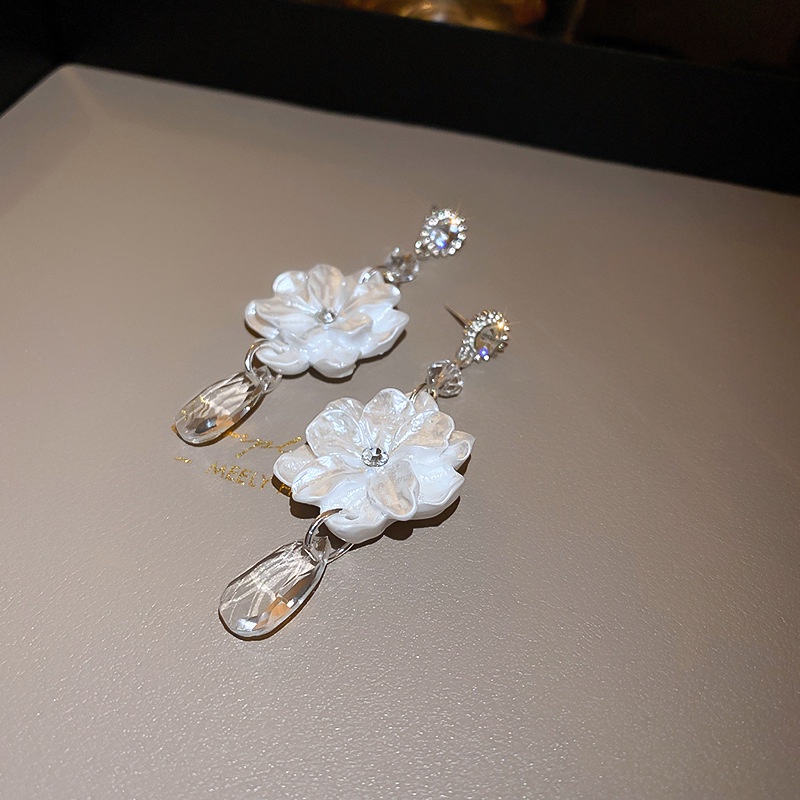 Bông Tai Mạ Bạc Dáng Dài Hình Hoa Trà Đính Kim Cương Giả Phong Cách Hàn Quốc