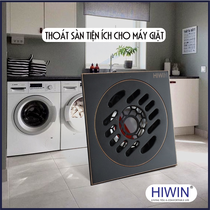 Phễu thoát sàn máy giặt ngăn mùi hôi thoát nước nhanh đồng mạ đen kích thước 100x100mm HIWIN FD-1101WB