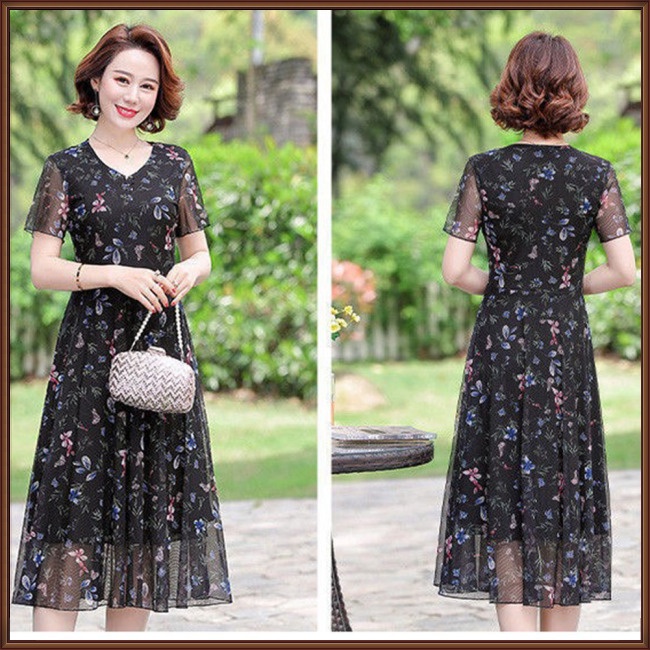 Đầm Tay Ngắn Cổ Chữ V In Họa Tiết Hoa Thời Trang Cho Nữ