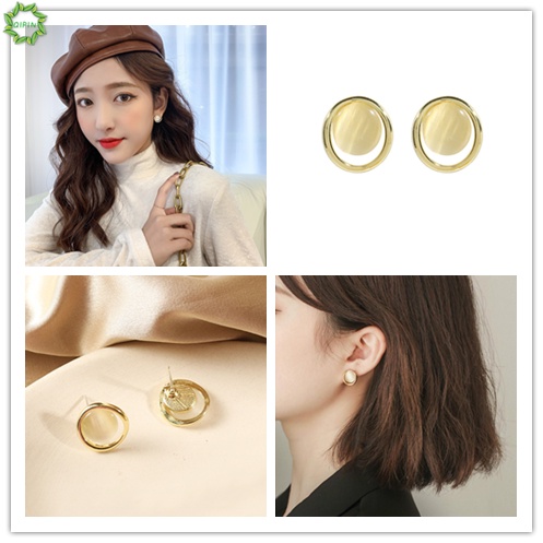 Bông tai tròn đính đá opal phong cách Hàn Quốc độc đáo thời trang cho nữ
