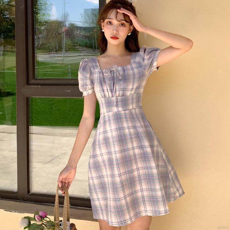 Đầm nữ tay ngắn kẻ sọc phong cách Hàn Quốc