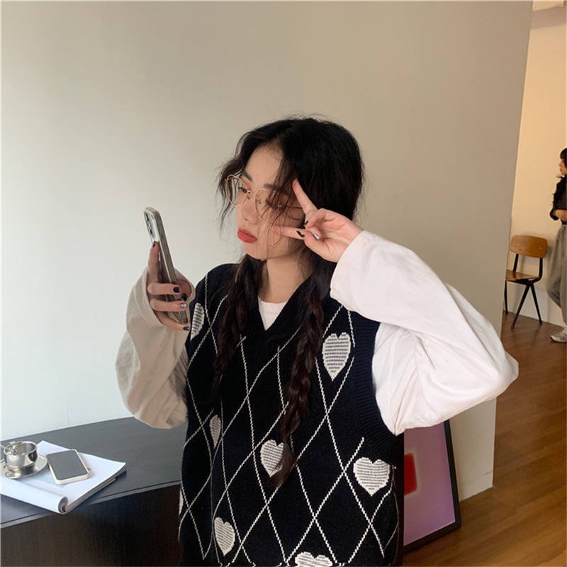 MỚI Áo sweater không tay cổ chữ v dáng rộng phong cách retro dành cho nữ