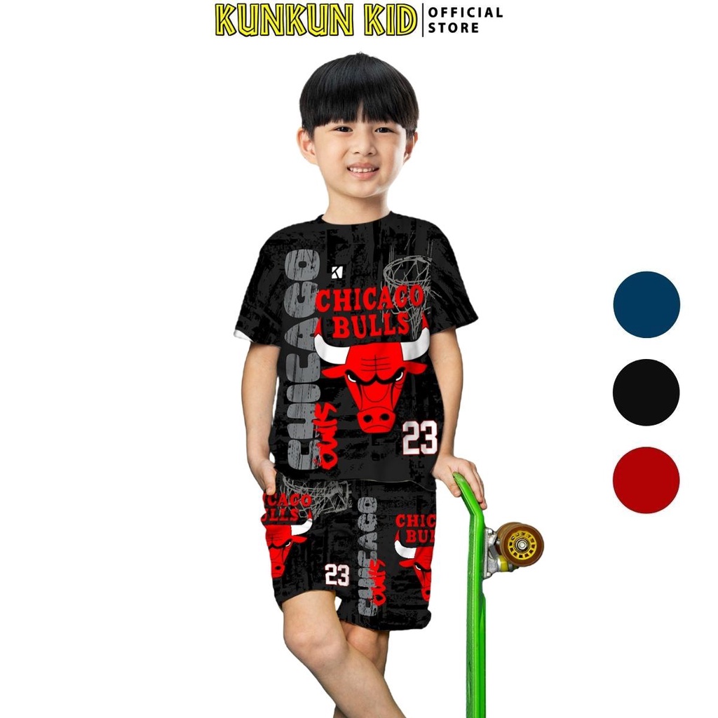 Bộ thể thao bé trai KUNKUN KID TT005 chất thun lạnh in 3d hình chicago bulls size đại từ 10-60kg