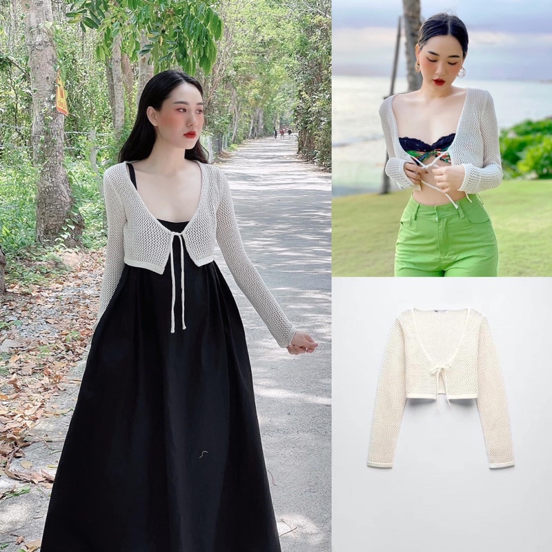 Áo Zara Áo khoác len cardigan len móc be buộc dây Zara xuất A124