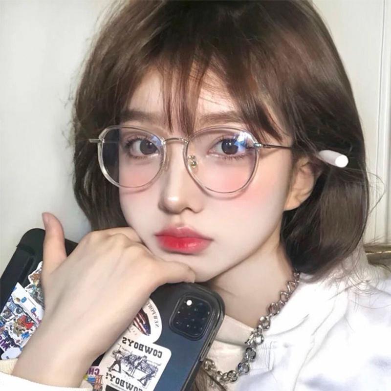 Kính giả cận nam nữ gọng tròn kim loại màu sắc thời trang mắt kính không độ chống ánh sáng xanh phong cách Hàn Quốc 073