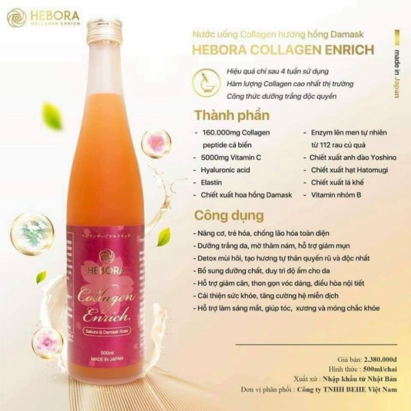 Collagen Hebora Enrich - Nước Uống Làm Đẹp Da, Trẻ Hoá, Giảm Nhăn Ngăn Ngừa Lão Hoá