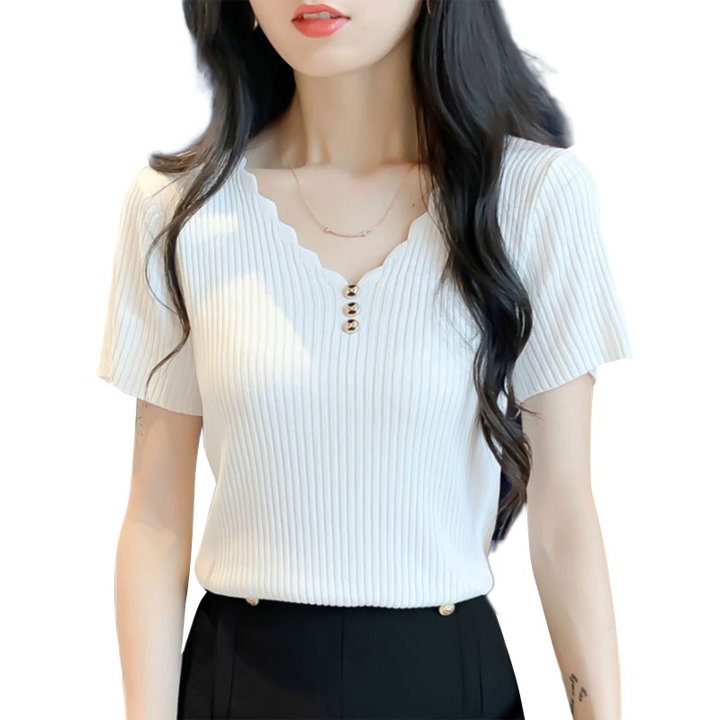 Áo Dệt Kim Nữ Tay Ngắn Cổ Chữ V Màu Trơn Thời Trang